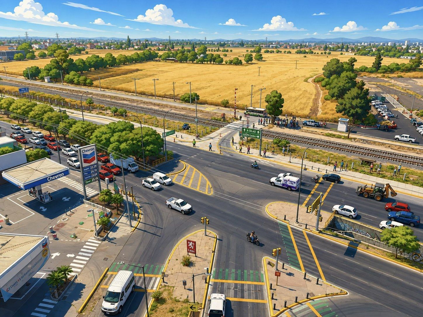 Vista aérea de un crucero vial amplio con autos, pasos peatonales y vías del tren.