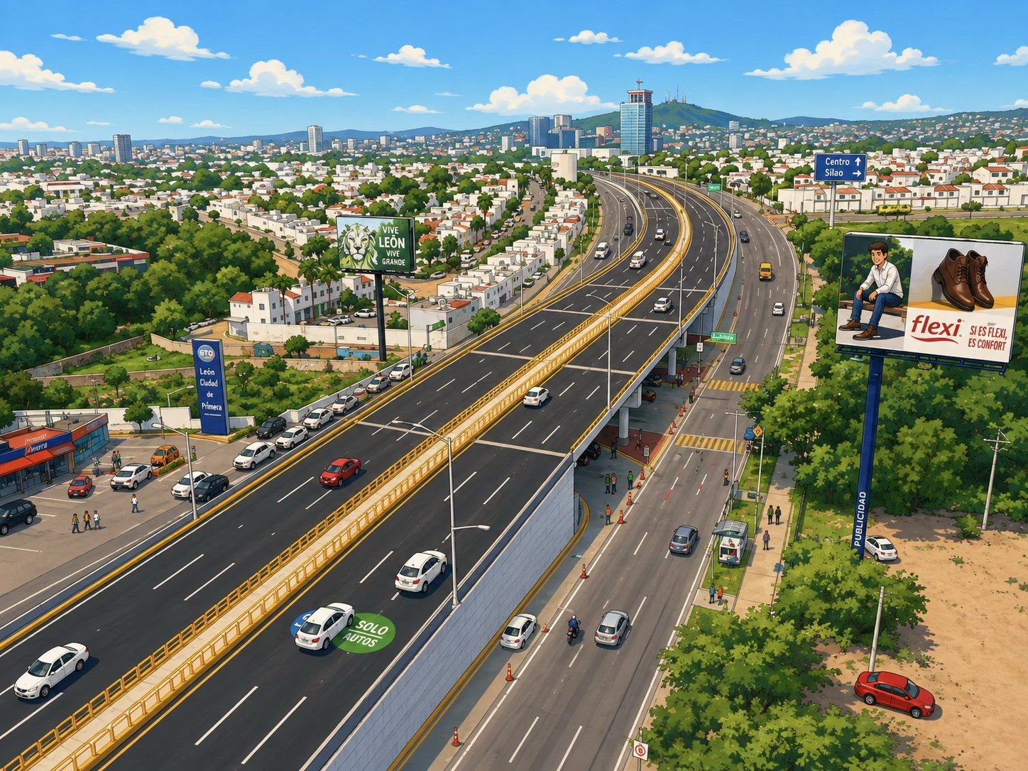 Vista aérea de un puente vehicular elevado sobre una avenida, rodeado de colonias y árboles.