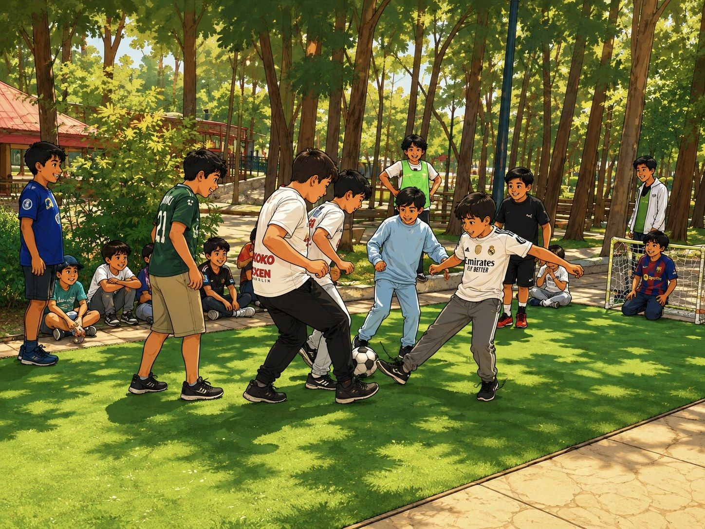 Niños y jóvenes juegan futbol en el pasto de un parque arbolado.