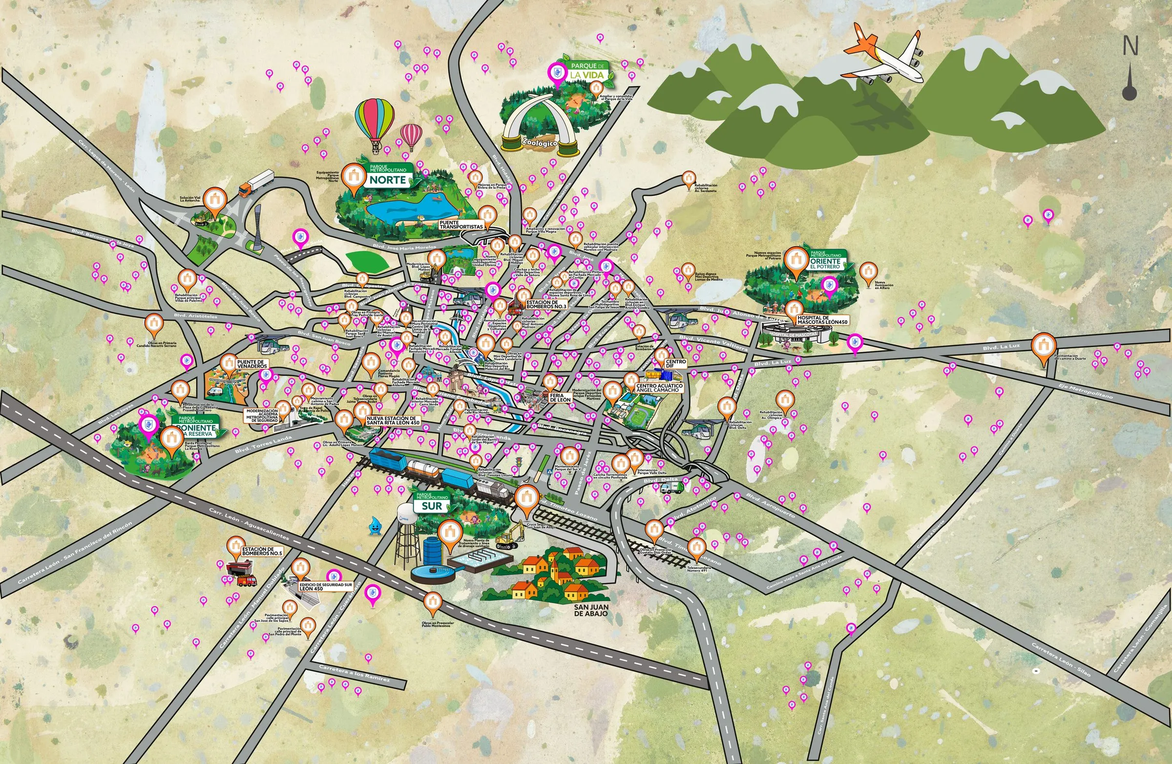 Mapa ilustrado de la ciudad de León con sus bulevares, parques metropolitanos y los pines de las obras realizadas.