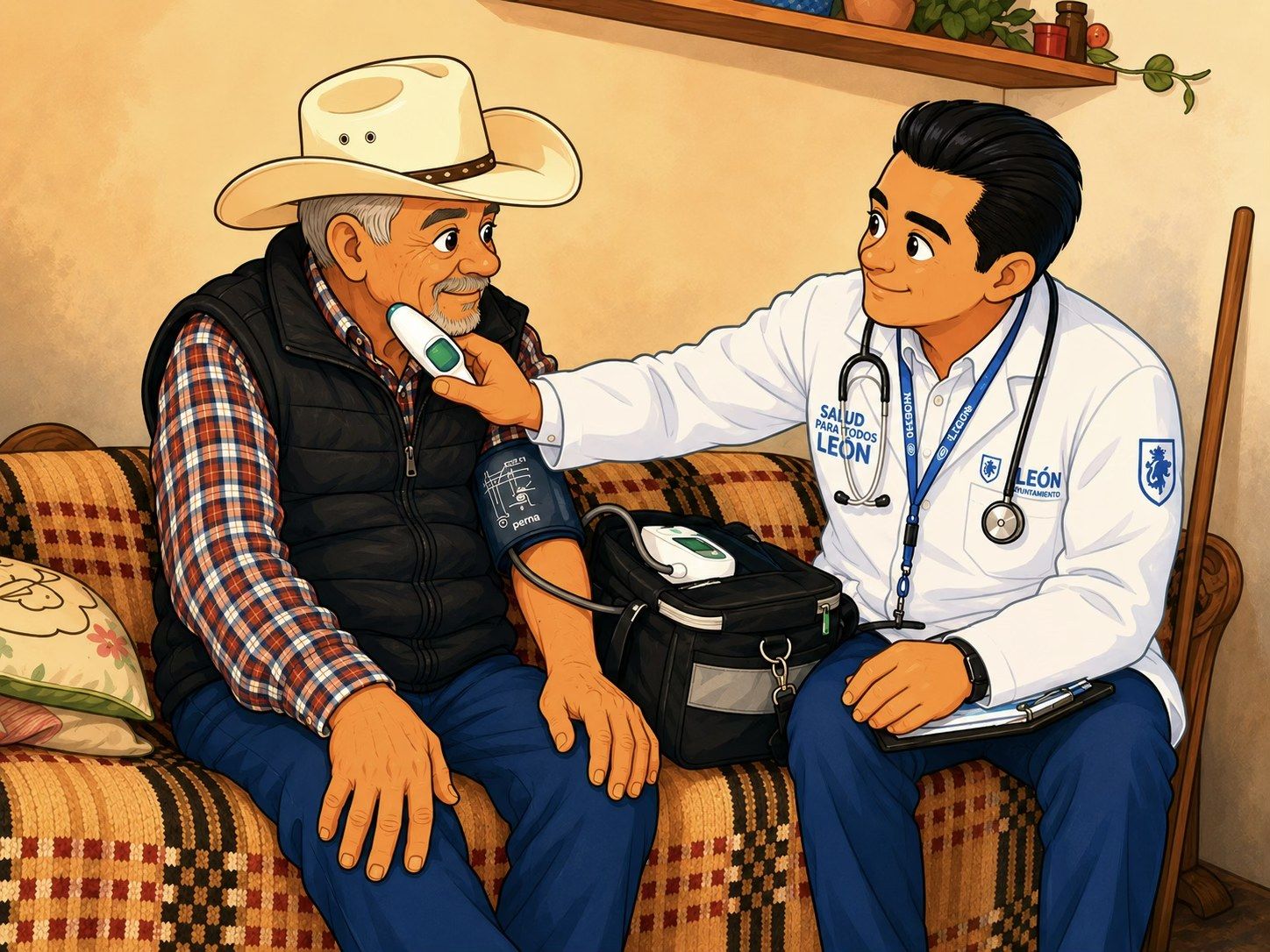 Un médico toma la presión a un señor con sombrero en la sala de su casa.